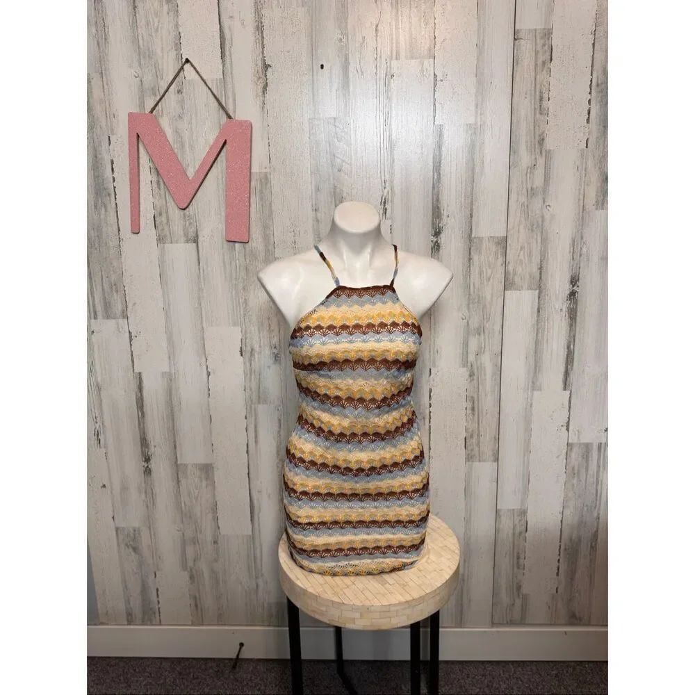 Derek Heart Lace Mini Dress Size Medium Striped Bodycon Halter Criss Cross Back